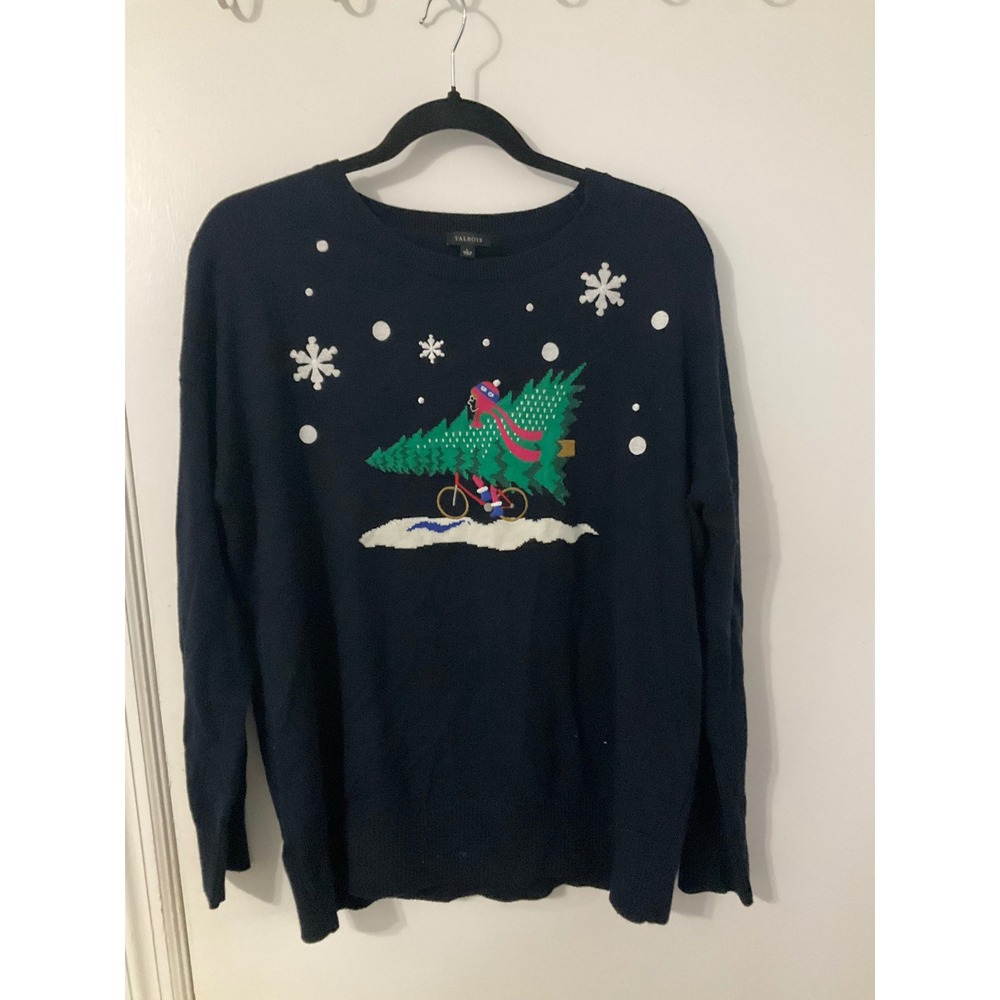 Talbots Womens Navy Blue Christmas Tree Bicycle Holiday Sweater Large Snowflake